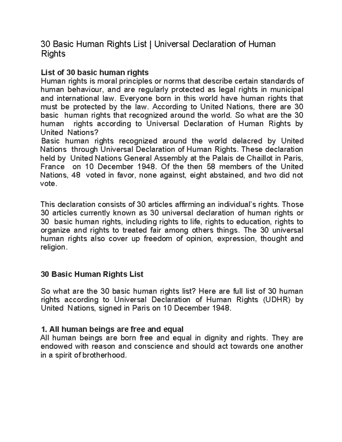 30 Basic Human Rights According to the UDHR: A Comprehensive List - Studocu
