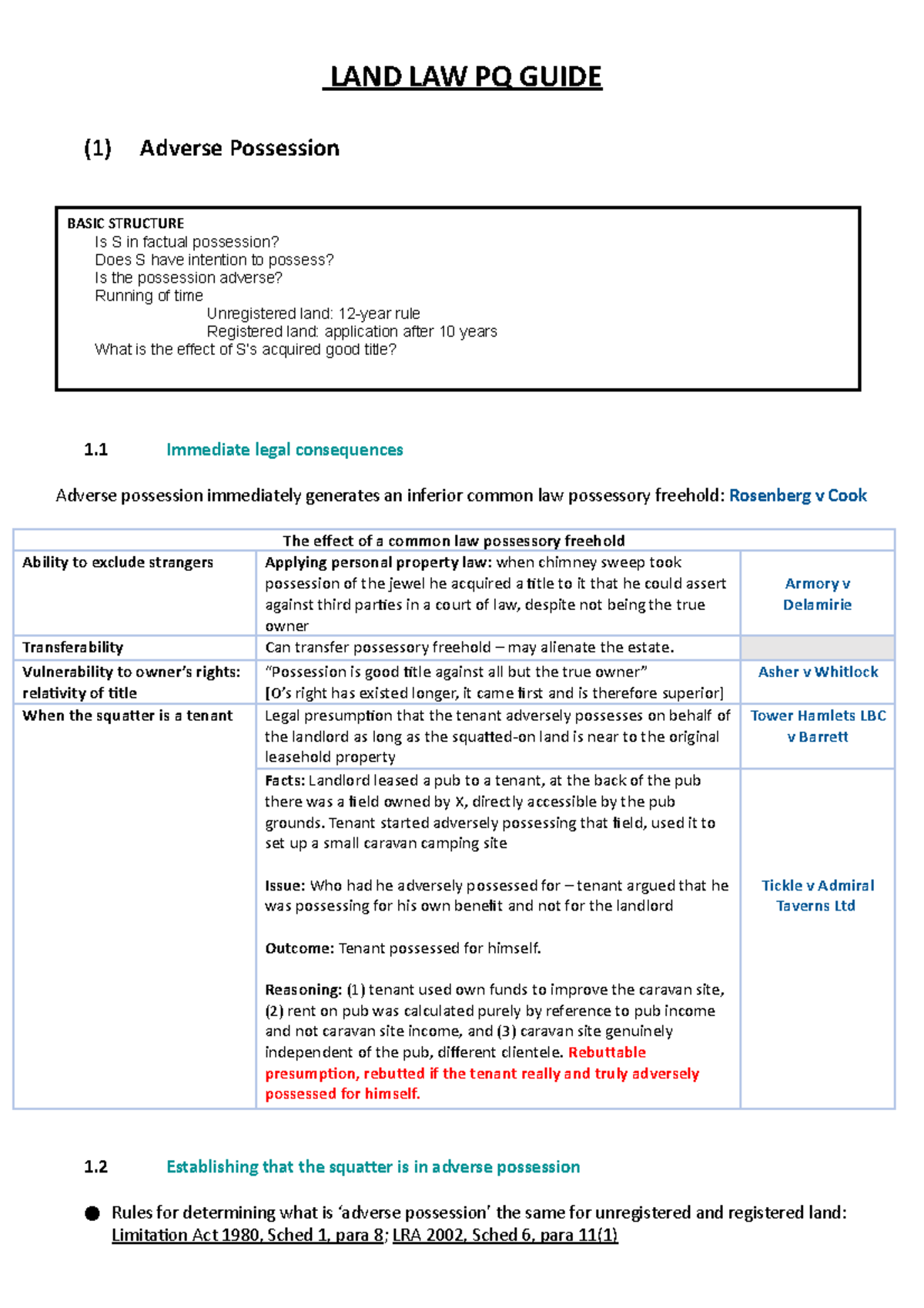 LAND LAW PQ Guide: Key Principles of Adverse Possession - Studocu