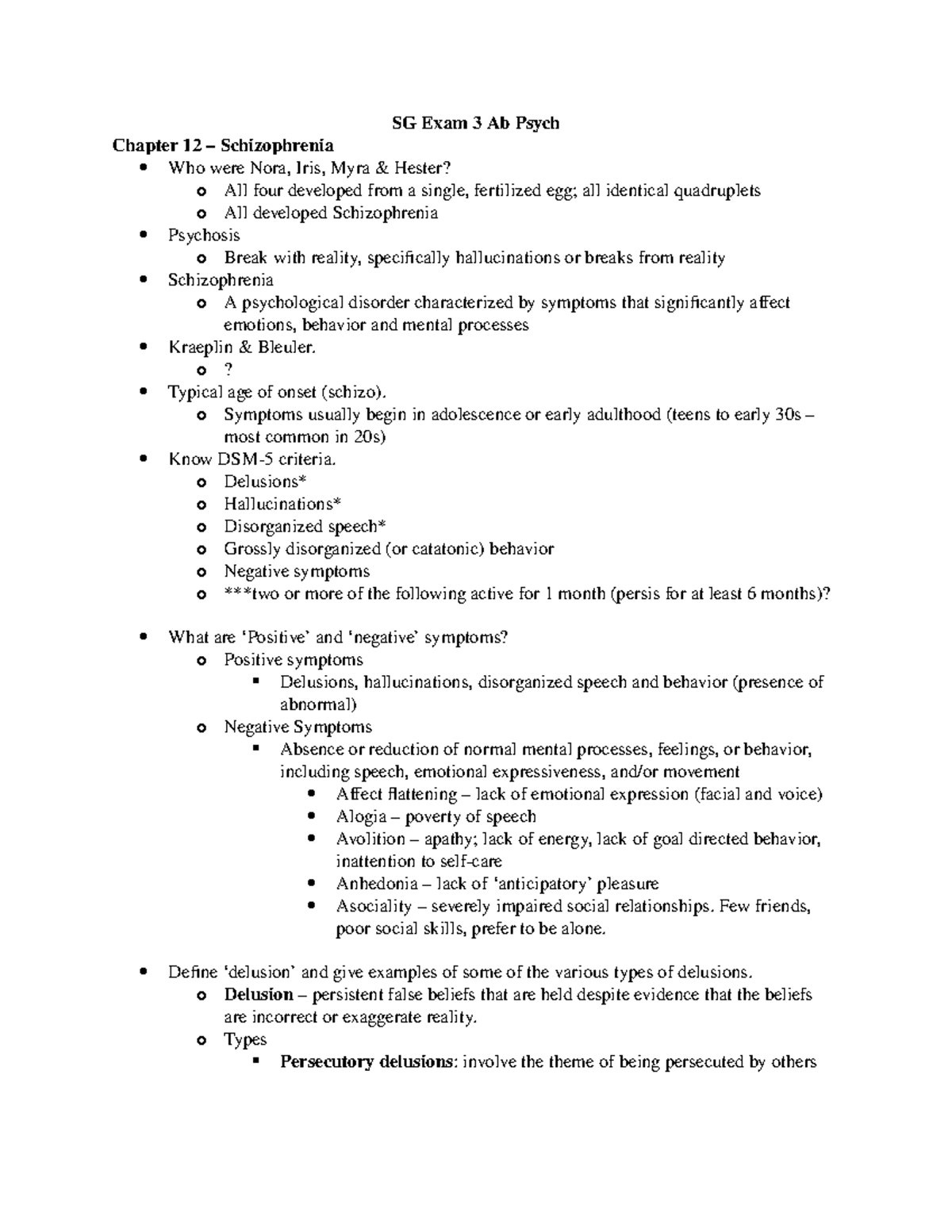 Ab Psy Exam 3 Study Guide: Key Concepts on Schizophrenia and Sleep ...