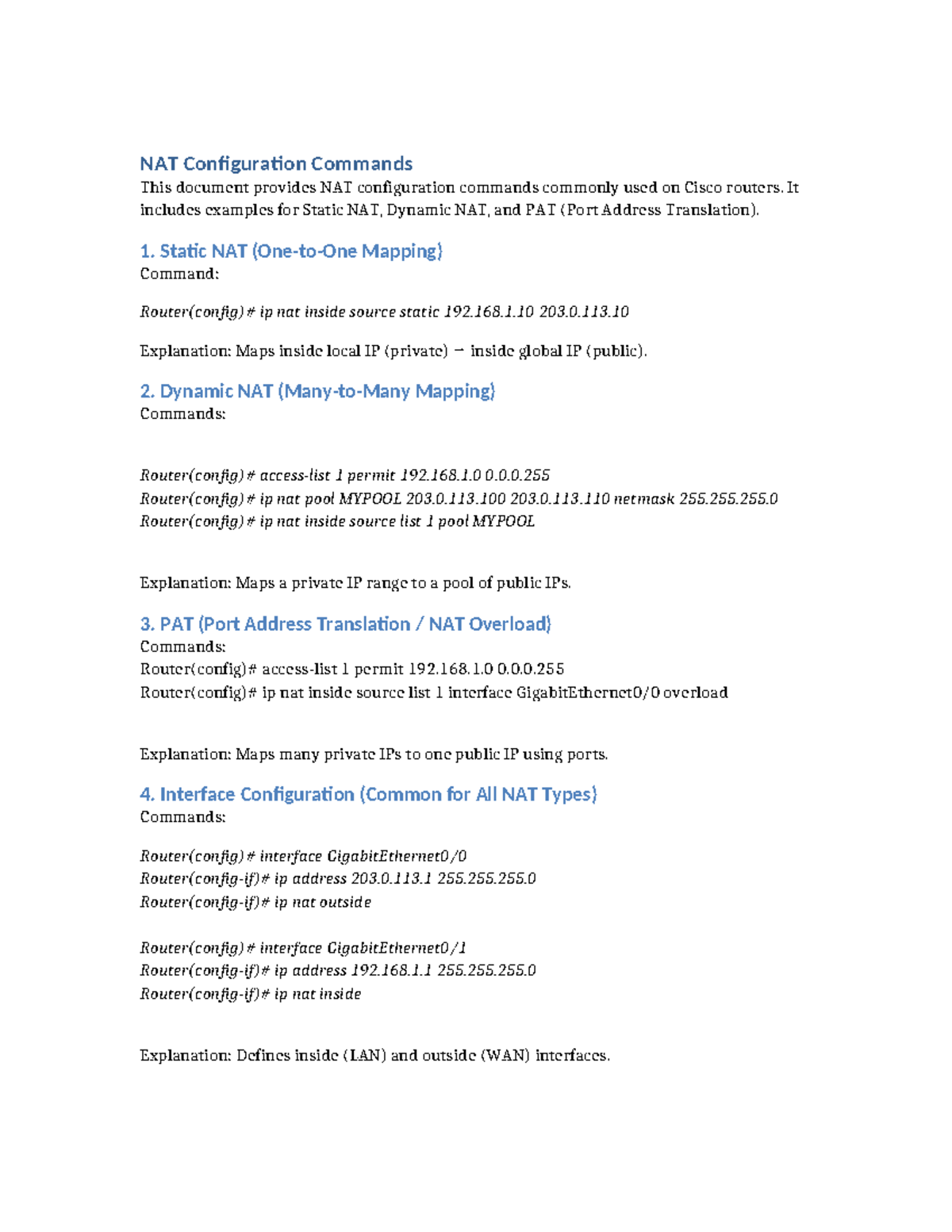 NAT Configuration Commands for Cisco Routers - Studocu