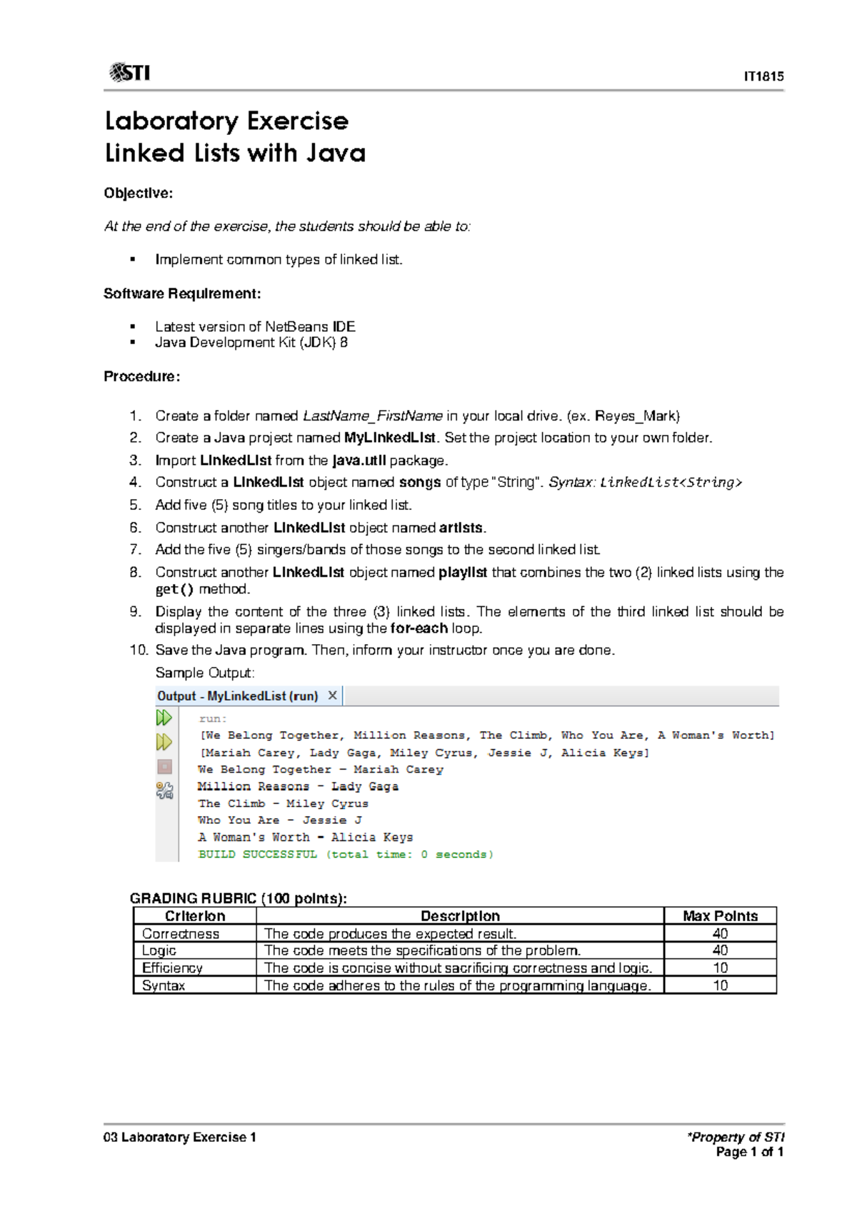 03 IT Laboratory Exercise 1: Implementing Linked Lists in Java - Studocu