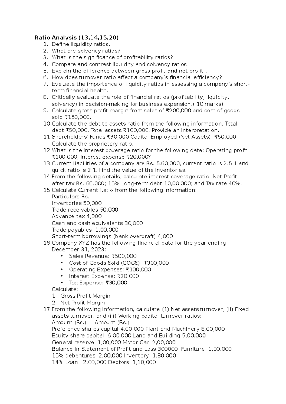 Ratio Analysis Important Questions (13,14,15,20) - Studocu