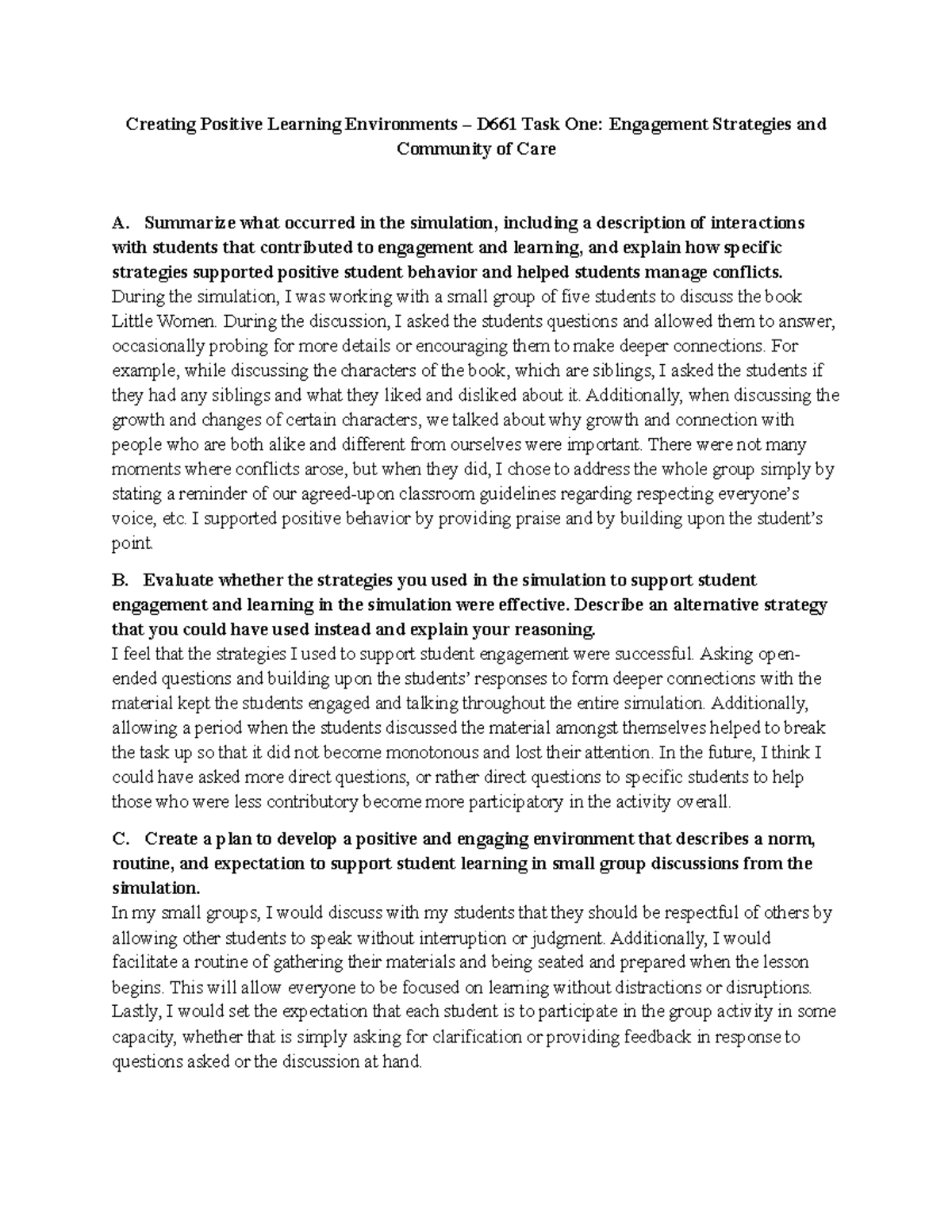 Creating Positive Learning Environments D661 Task 1: Engagement ...