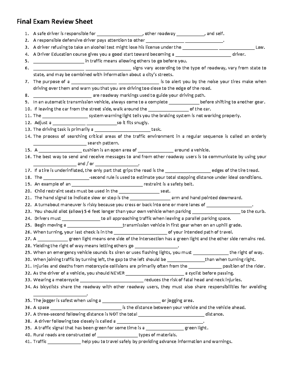 Final Exam Review Sheet for Driver Ed Course - Studocu
