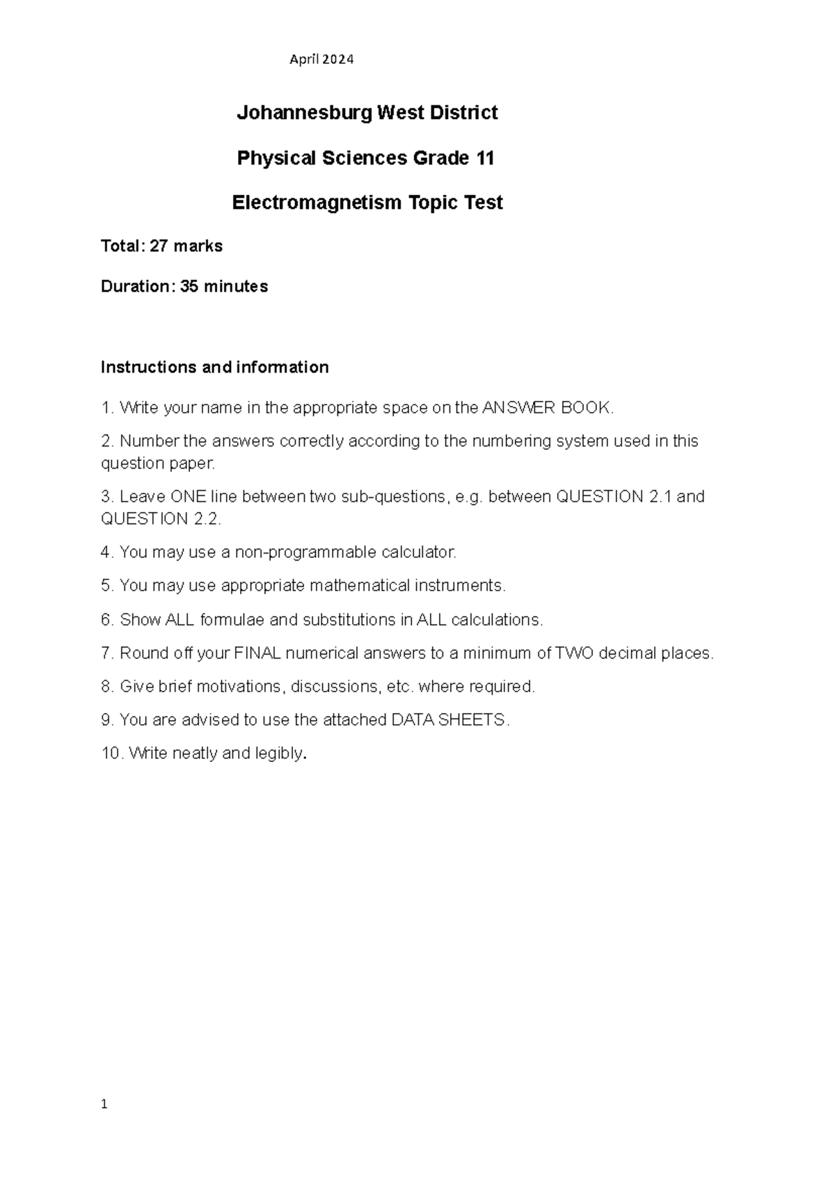 April 2024 Johannesburg West District Grade 11 Phys. Sci ...