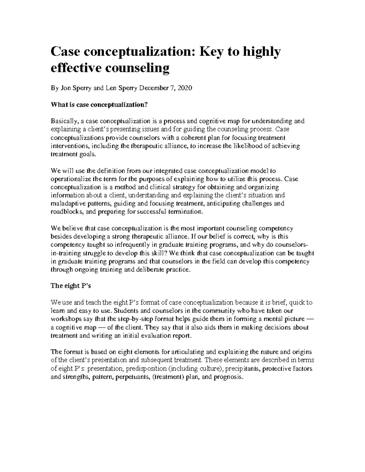 Case Conceptualization in Counseling: A Guide by Sperry (2020) - Studocu