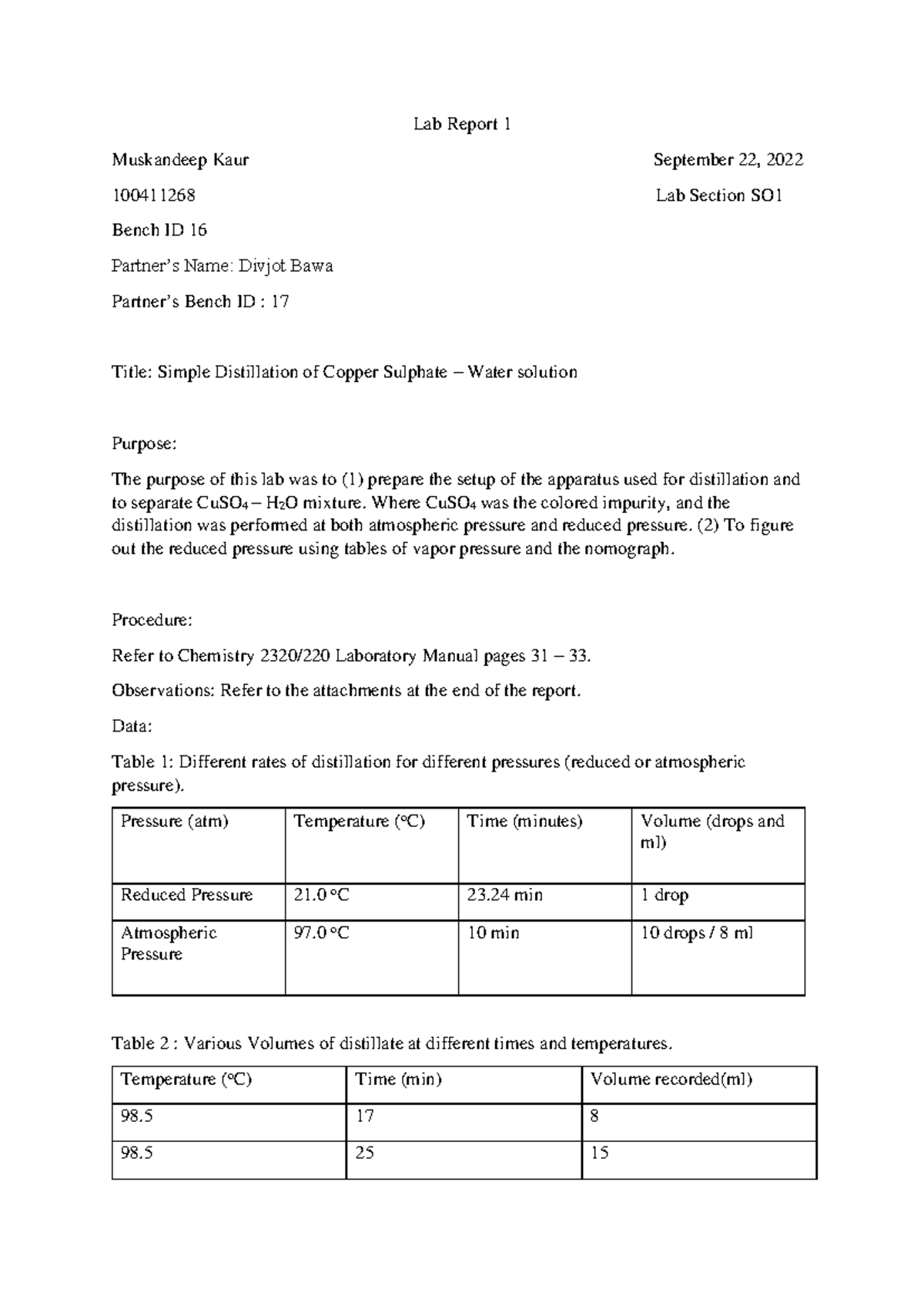 Chemistry Lab Report 1 - MAterial - Lab Report 1 Muskandeep Kaur ...