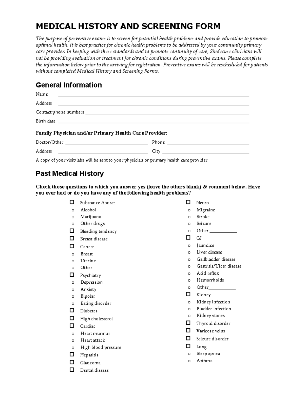 Medical History and Screening Form Guidelines for Patients - Studocu