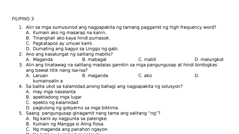 Filipino 3 Reviewer: High Frequency Words and Usage - Studocu