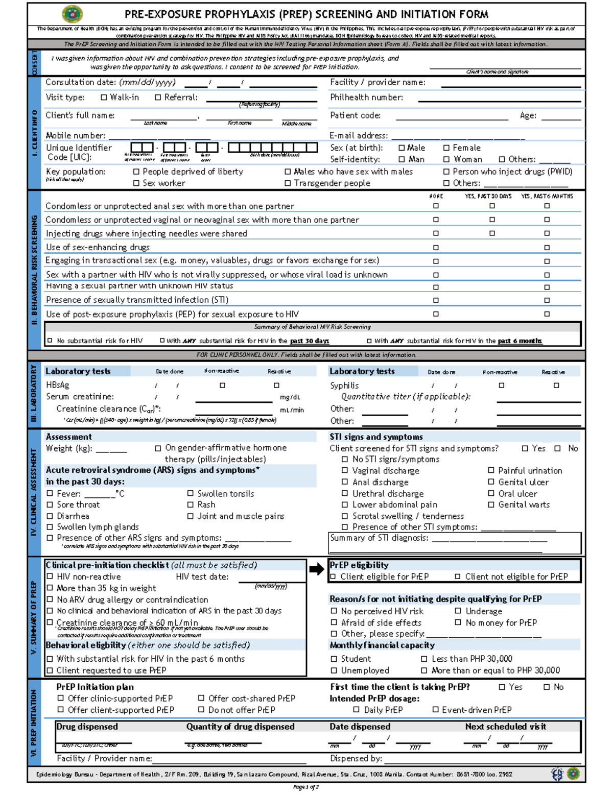 PrEP Screening and Initiation Form (DOH) - HIV Prevention Guide - Studocu