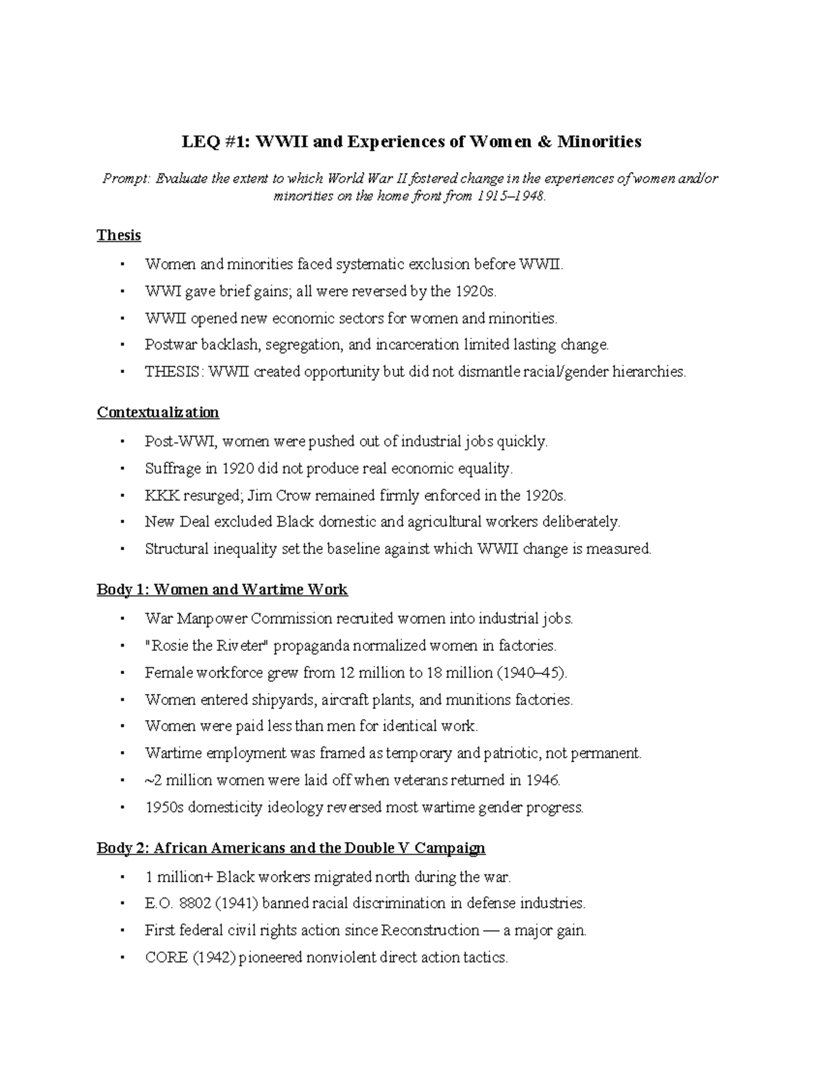 AP LEQ Essays: WWII & Women Minorities, Great Depression Changes - Studocu