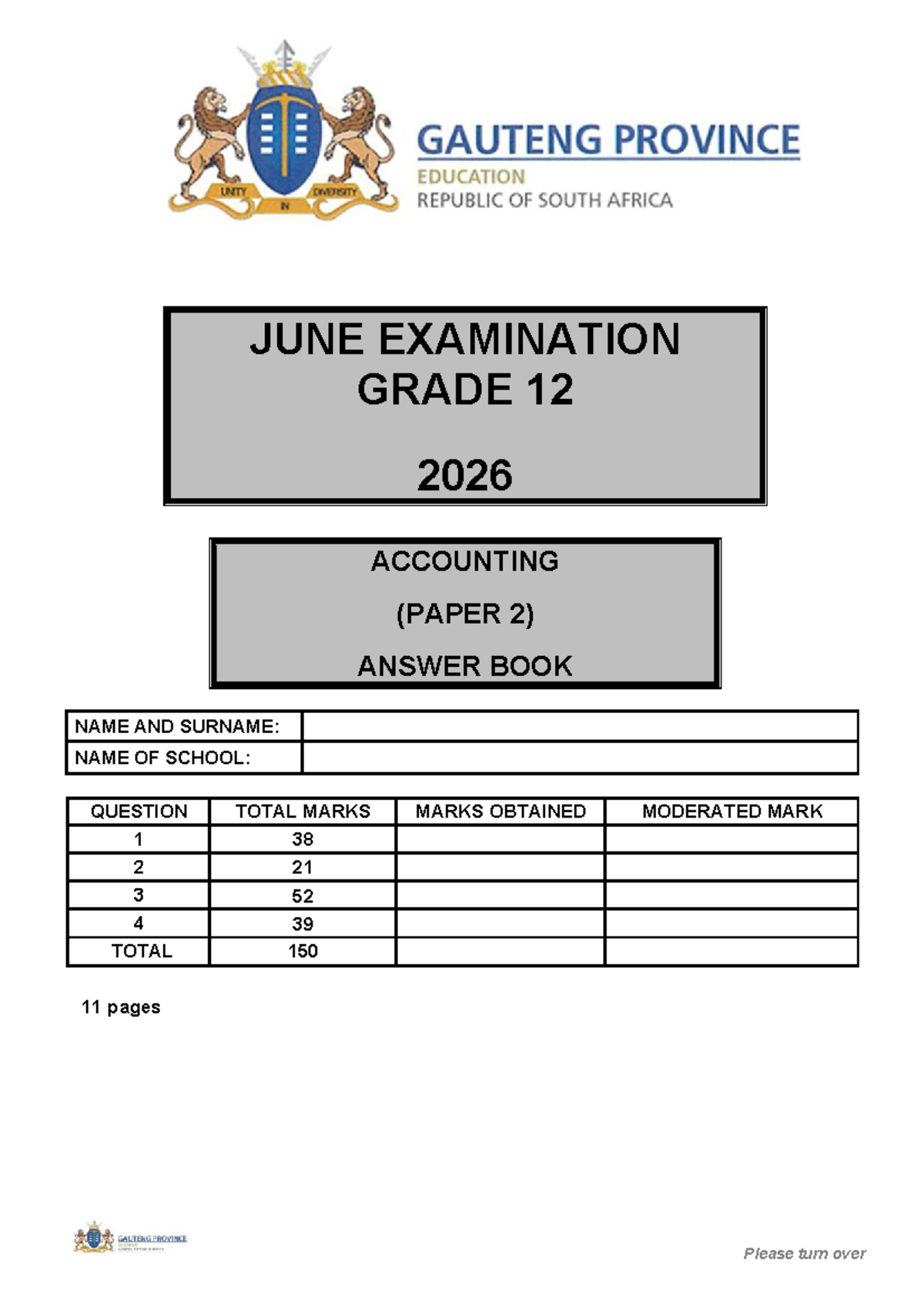 Grade 12 Accounting (P2) June Exam Answer Book 2026 - Studocu