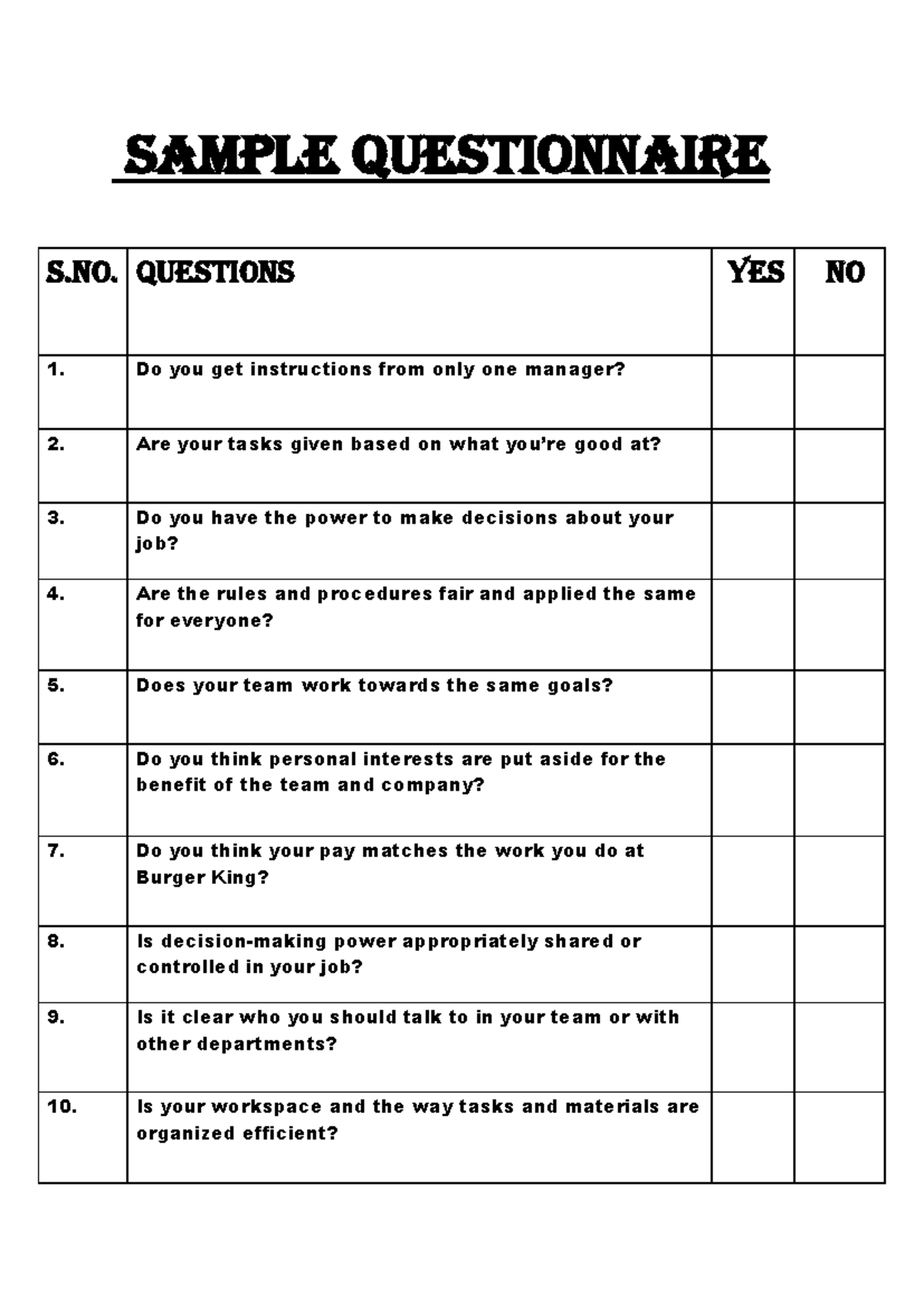 Sample Questions - there is no use of it - Sample QueStionnaire S ...
