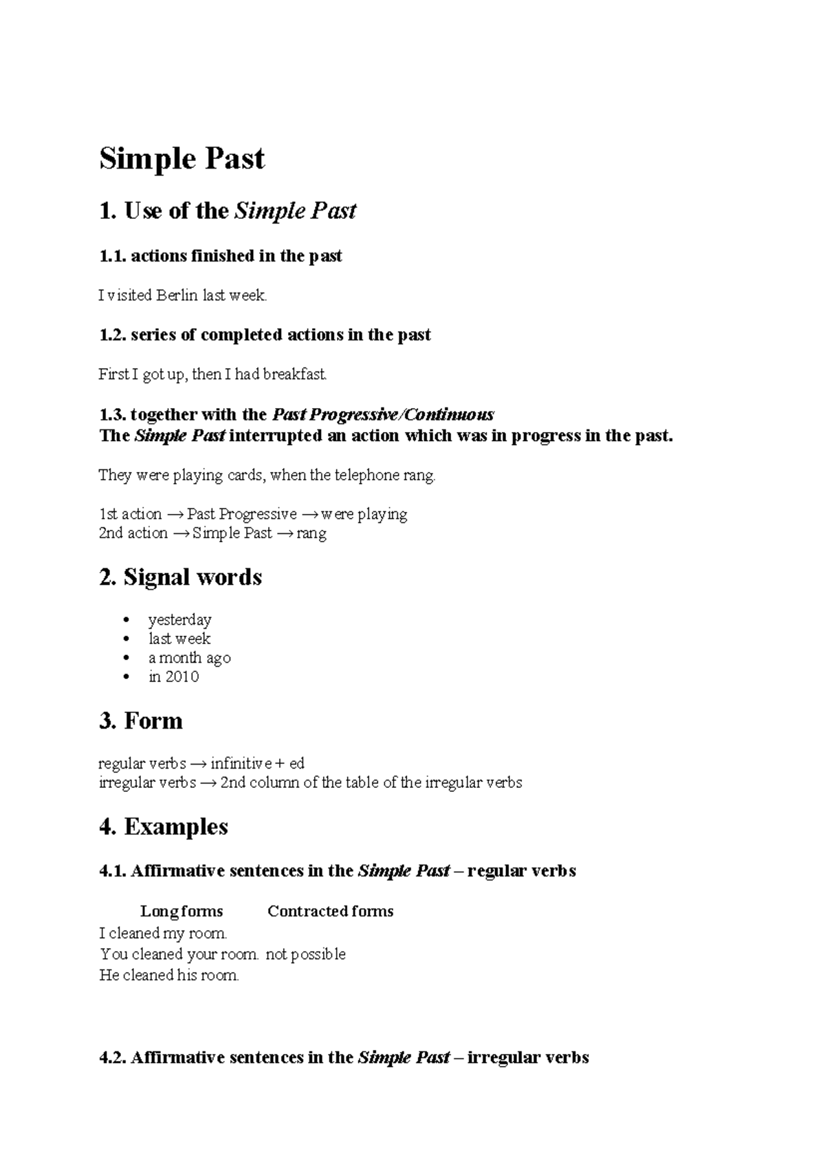 Simple Past Review Notes for English Class - Studeersnel