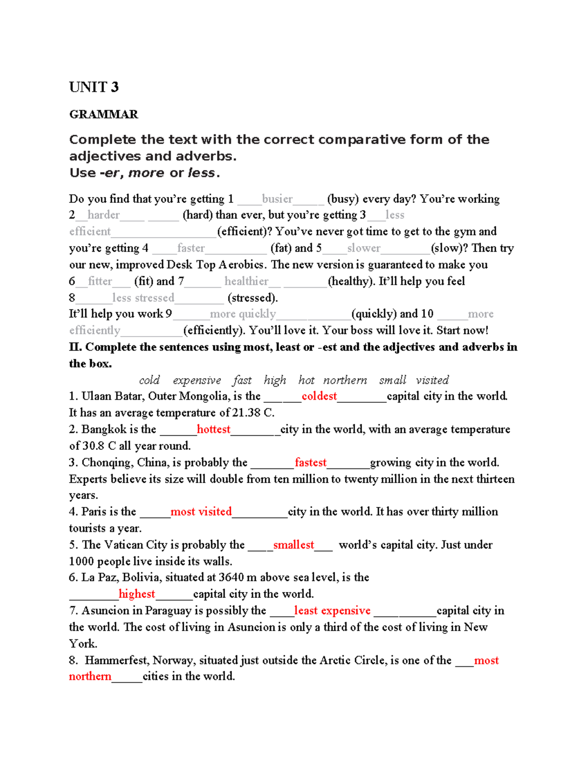 Unit 3-L grammar and vocabulary exercises for comparative forms - Studocu