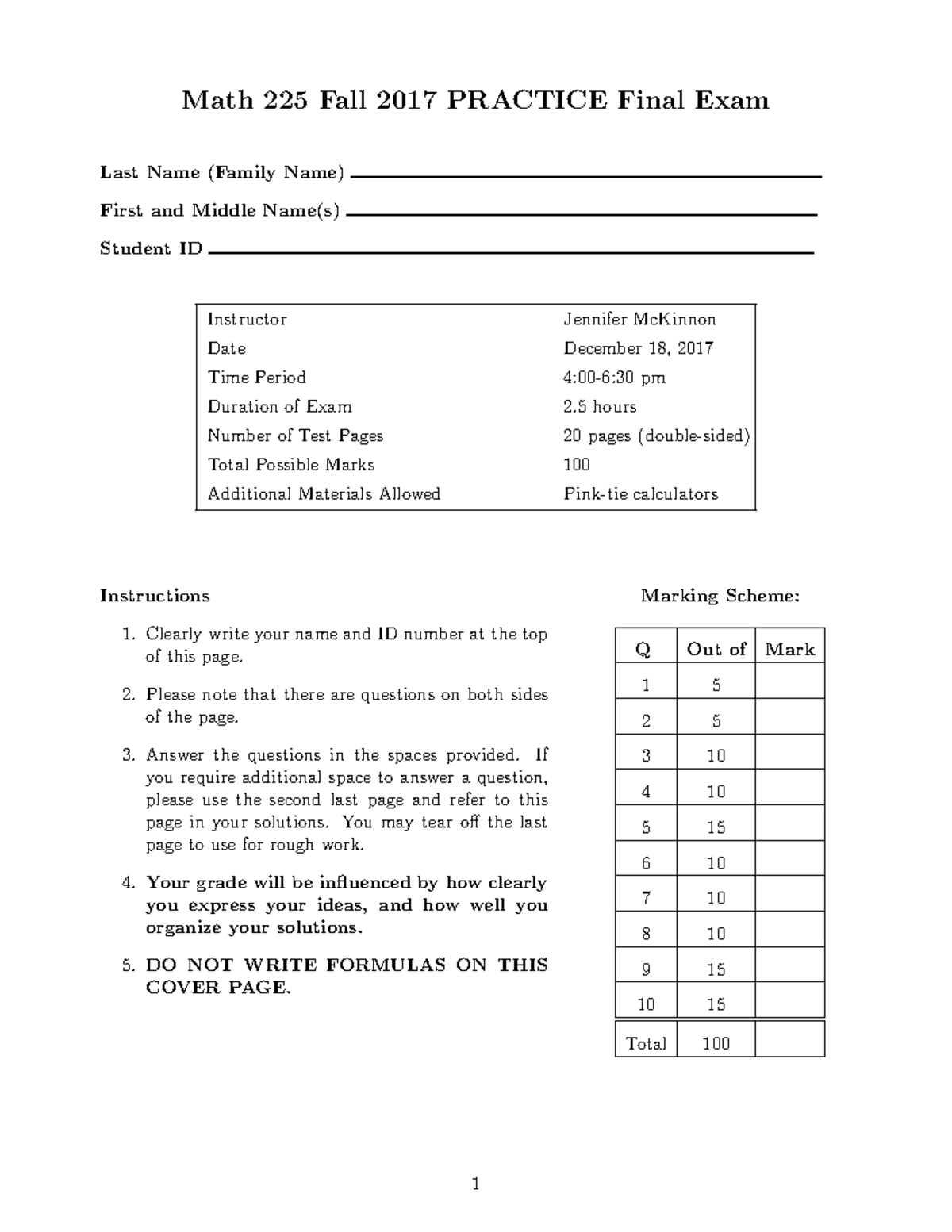 Final 2017, questions and answers - Math 225 Fall 2017 PRACTICE Final ...