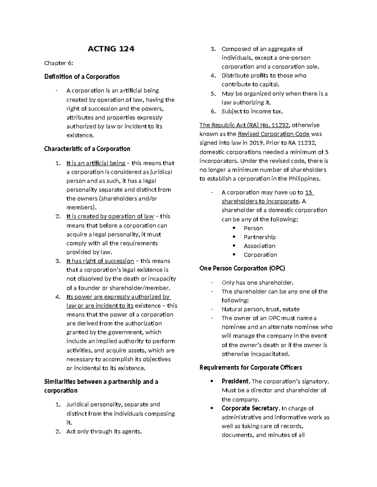 ACTNG 124 Chapter 6: Understanding Corporations and Their ...