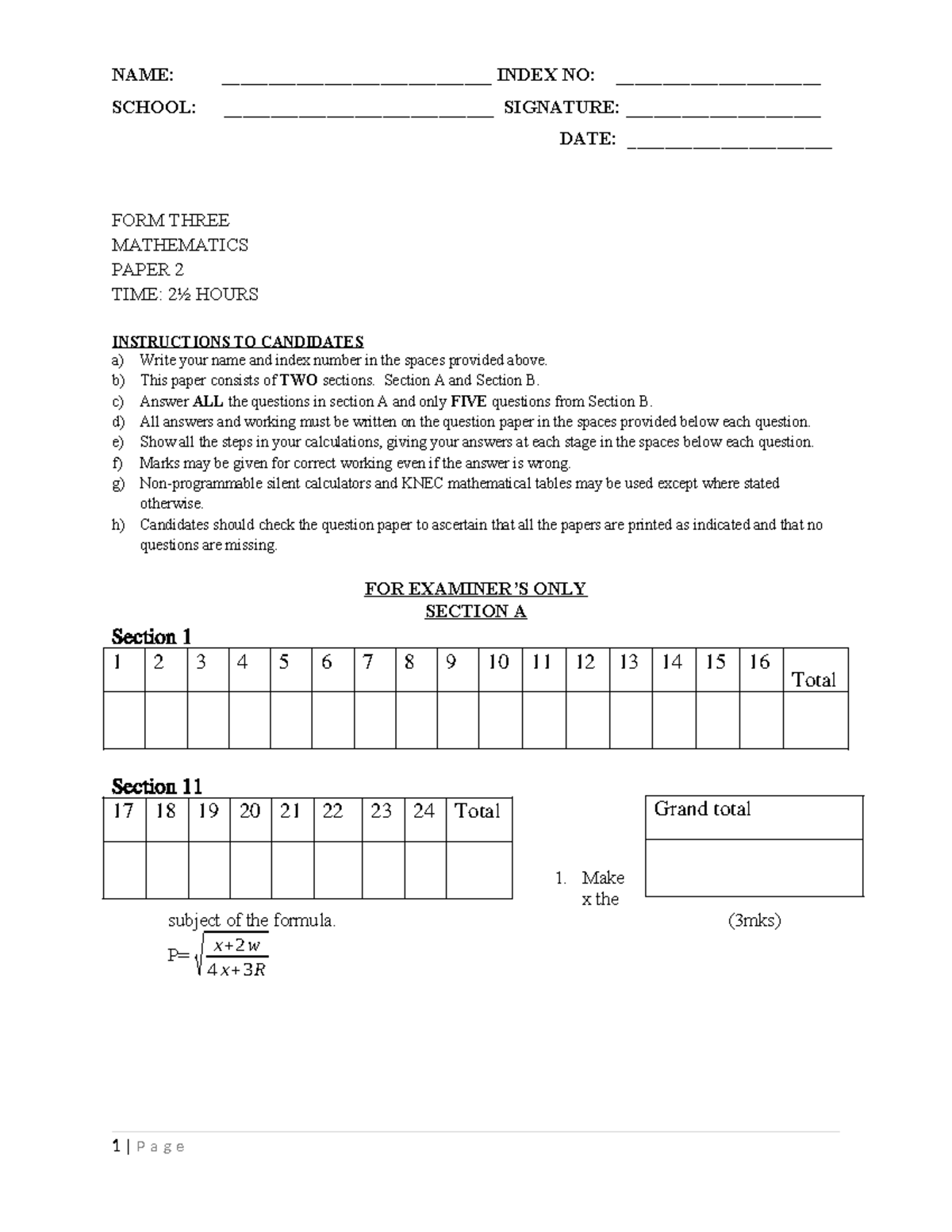 F3 Mathematics Paper 2 Questions and Instructions - Studocu