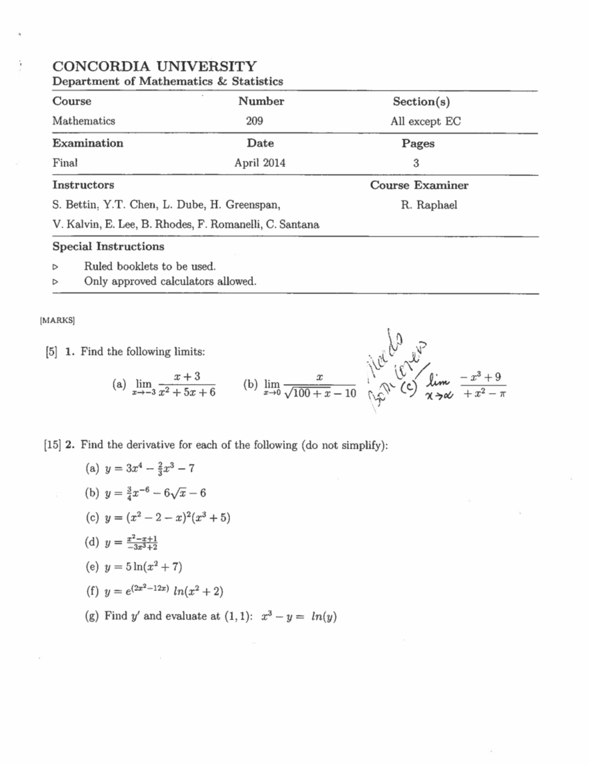 MATH 209 Final EXAM April 2014 - CONCORDIA UNIVERSITY Department of ...