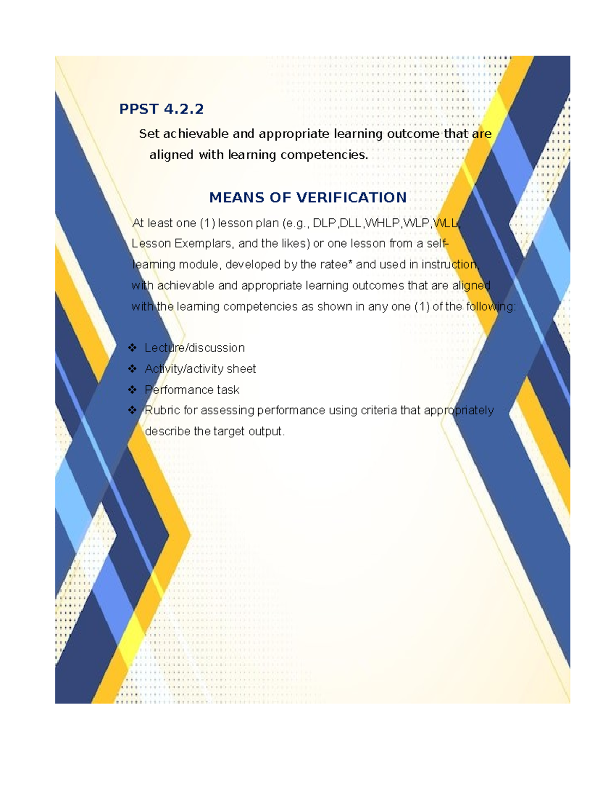 PPST 4.2.2-5.5.2 Lesson Plans & MOVs for Learning Outcomes & Assessment ...