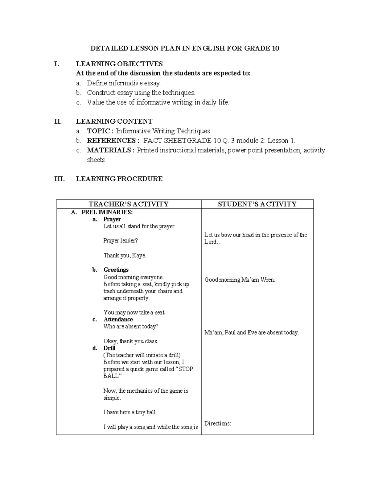 Informative writing techniques detailed lp detailed lesson plan in