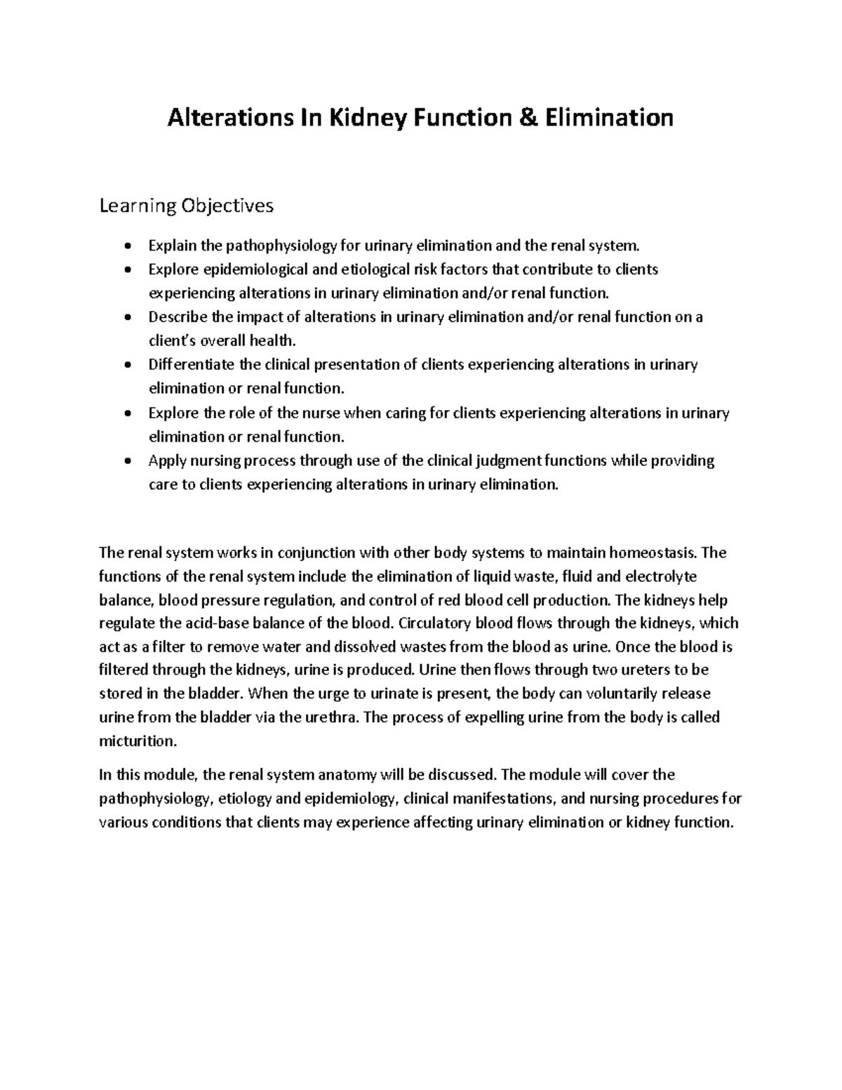Nursing Process for Urinary Problem Management (Course Code: NURS 210 ...
