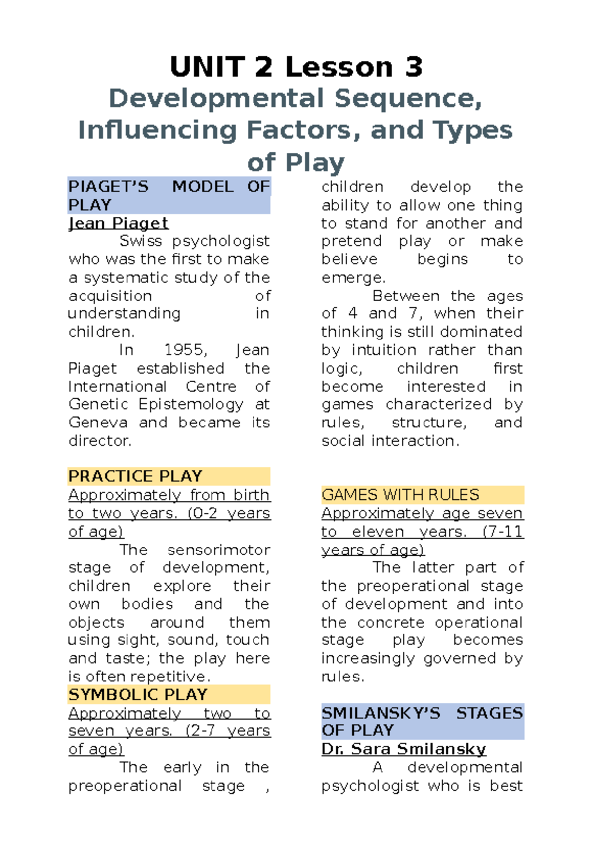 ECE Developmental Sequence, Influencing Factors & Types of Play - Studocu