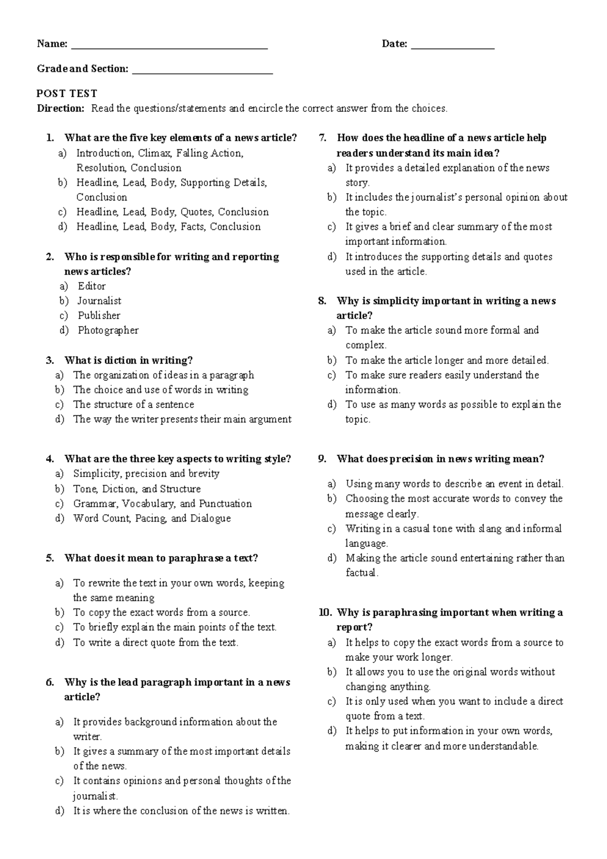 POST TEST - quiz or test after the discussion - Name