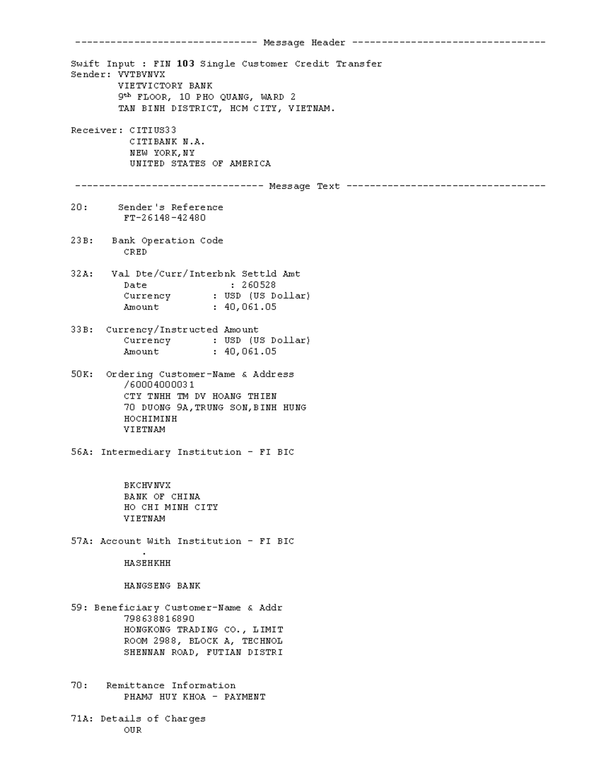 Overseas Transfer MT 103 Details: FIN 103 Transaction Summary - Studocu