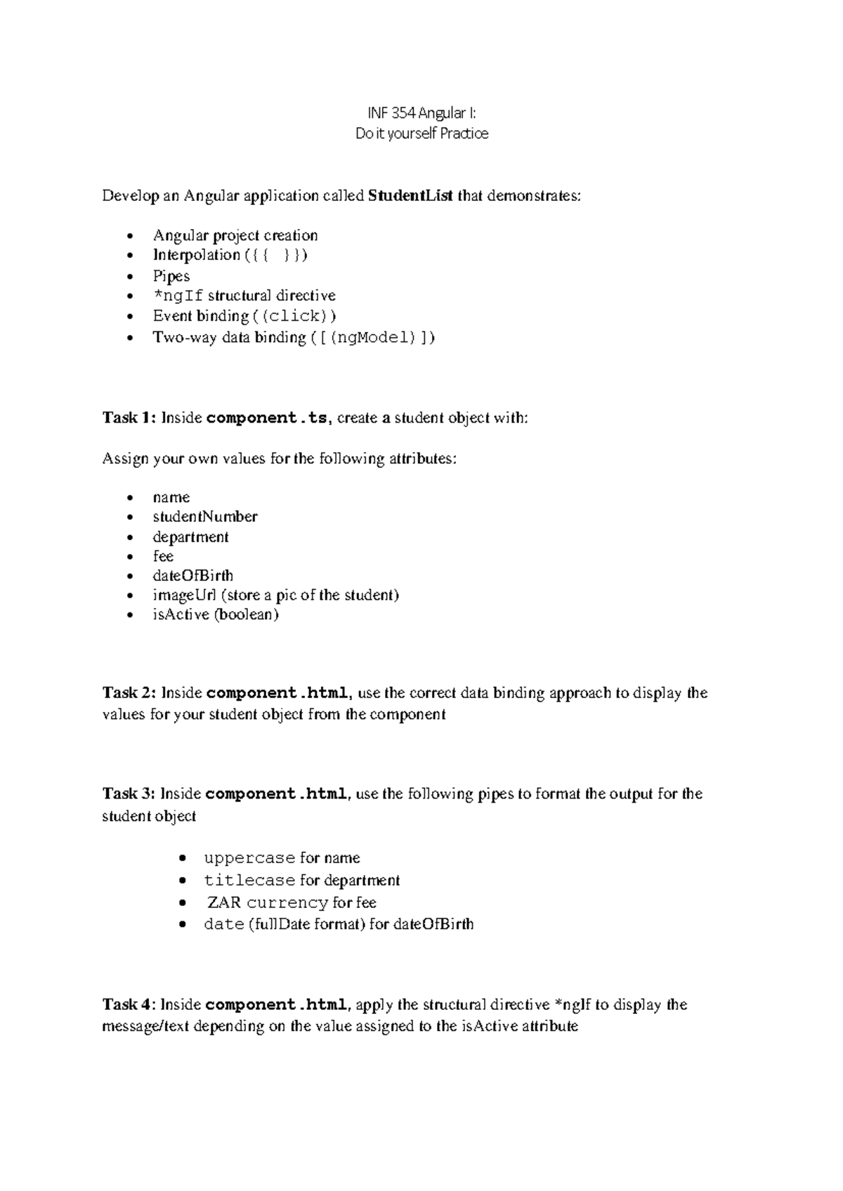 INF 354 Angular I: DIY Practical for StudentList App Development - Studocu