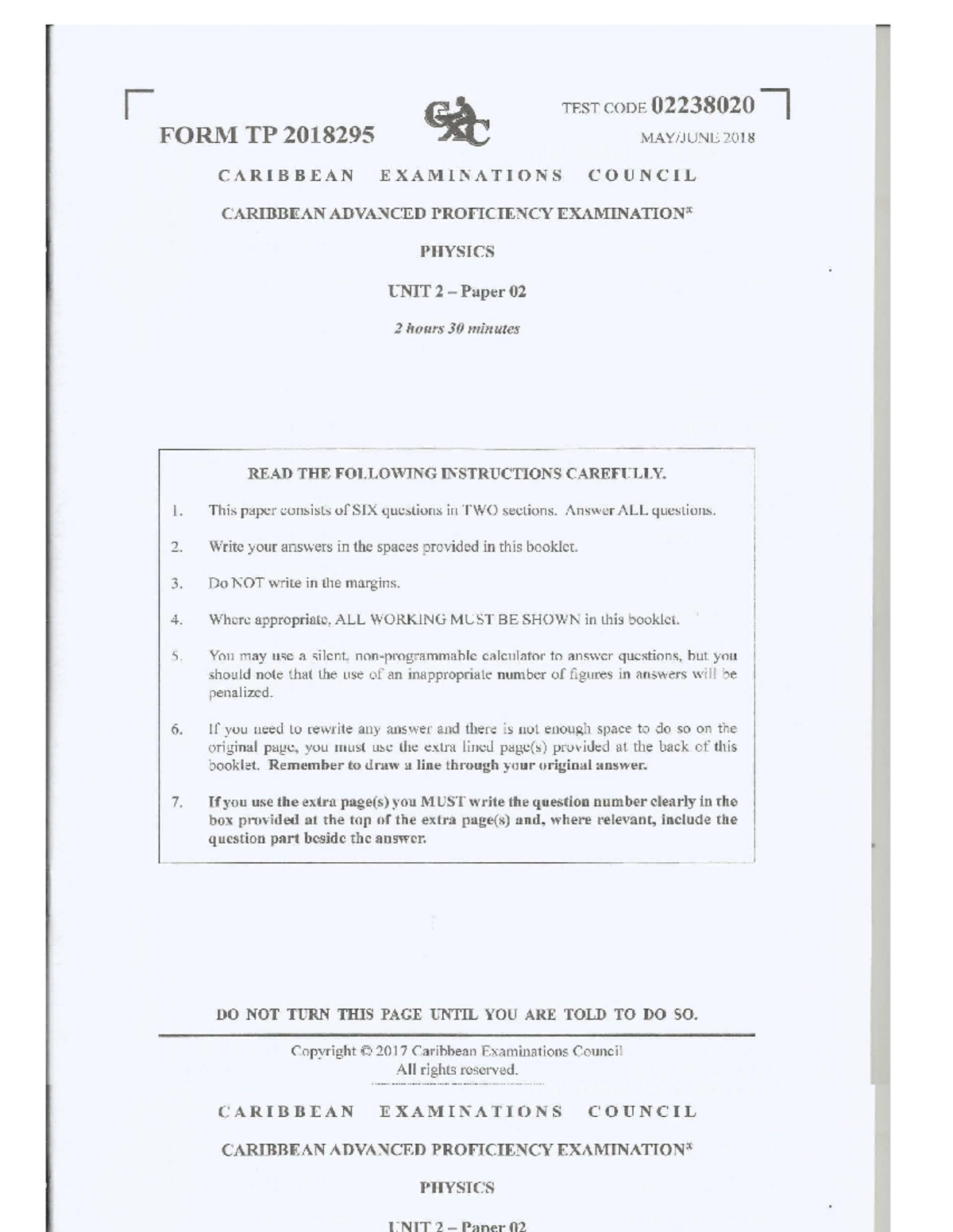 Physics CAPE 2018 Unit 2 Paper 02 Past Exam Questions - Studocu