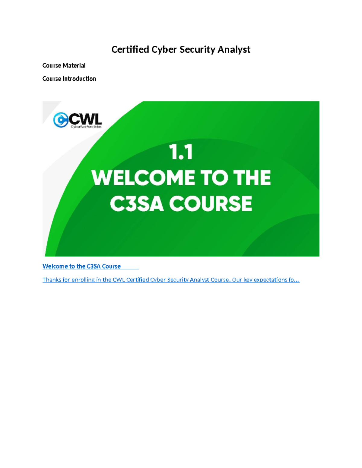 CWL C3SA Course: Comprehensive Cybersecurity Analyst Curriculum - Studocu