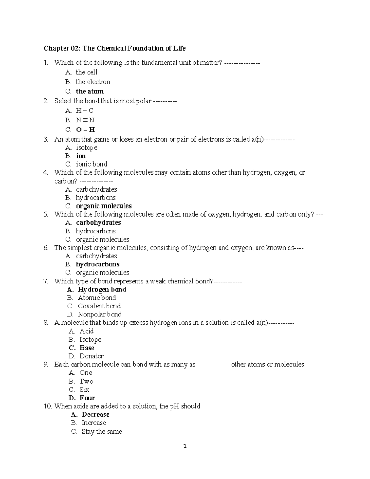 Chapter 02: Key Concepts & Questions on Chemical Foundation of Life ...