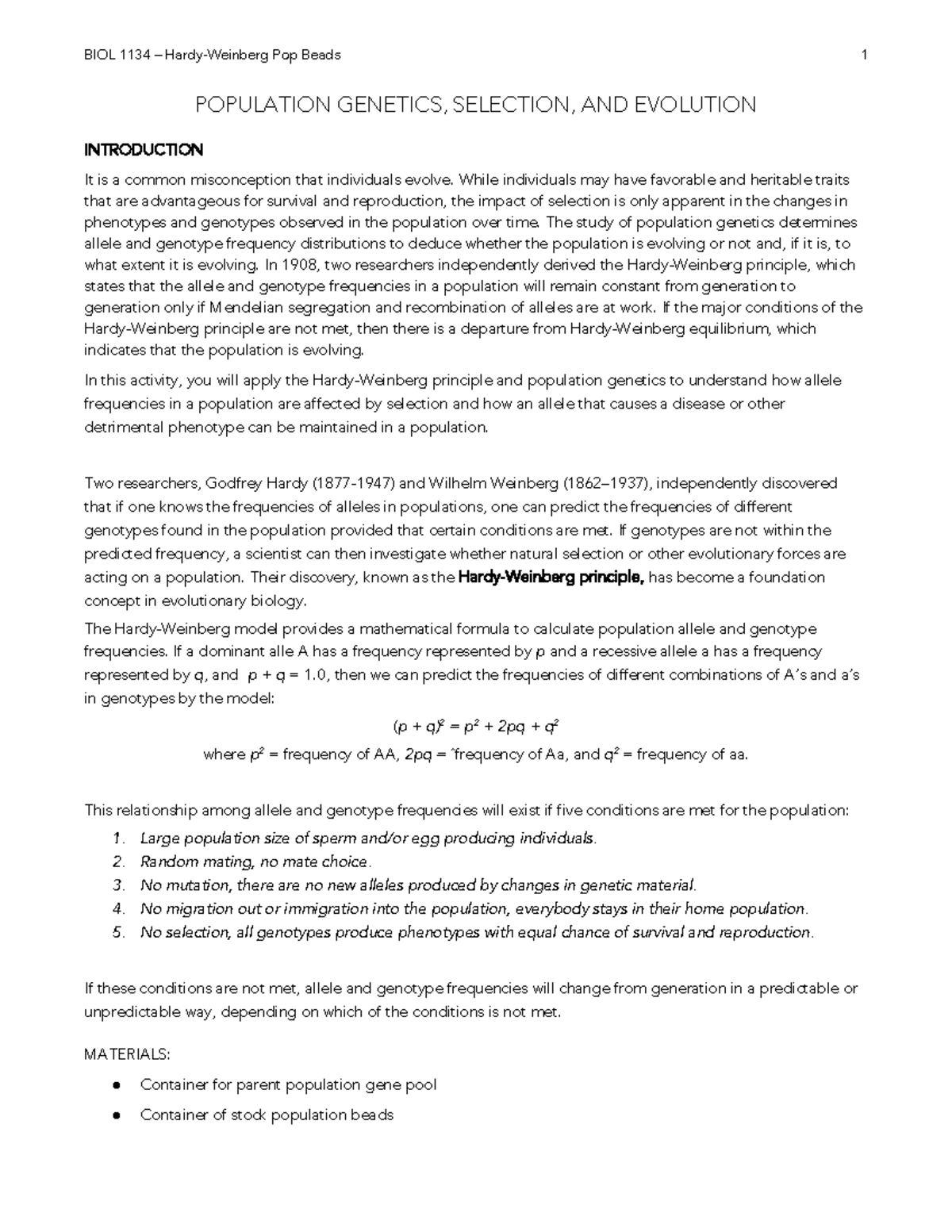 BIOL 1134 Hardy-Weinberg Population Genetics: Student Activity Guide ...