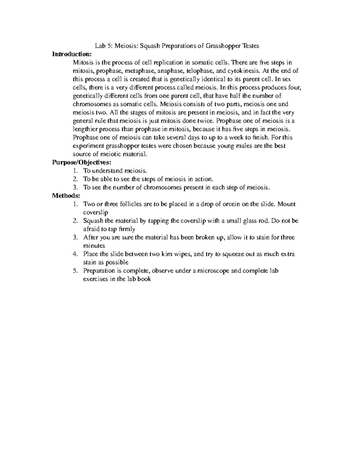 Lab 5 - Meiosis Squash Preparation of Grasshopper Testes Write-Up - Studocu