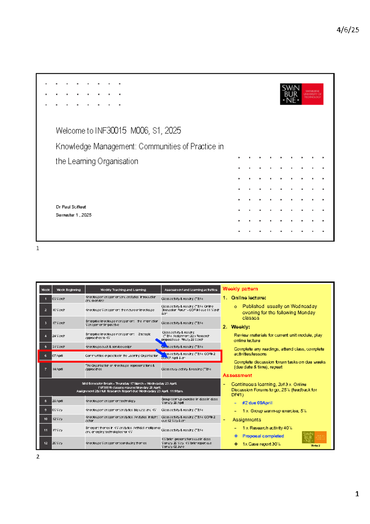 M006 INF30015 S1 2025 - Knowledge Management Weekly Learning Plan - Studocu
