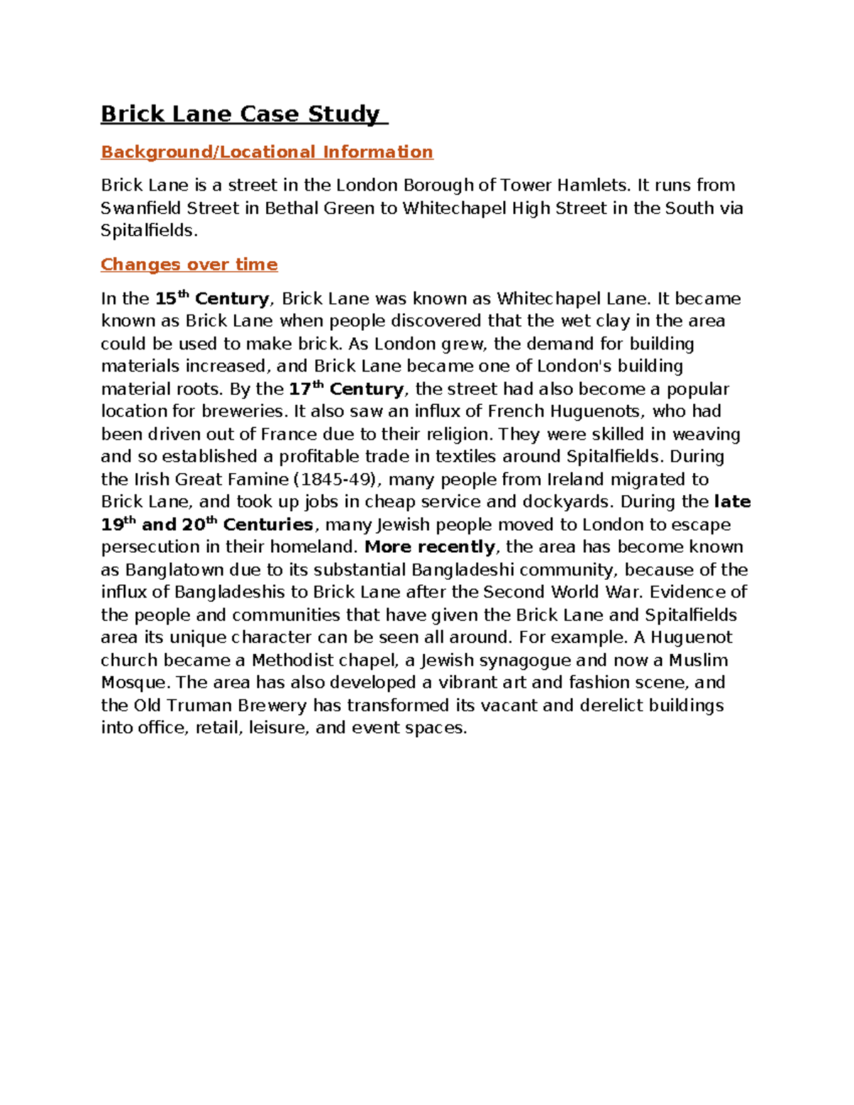Brick Lane Case Study: Historical and Social Transformations - Studocu