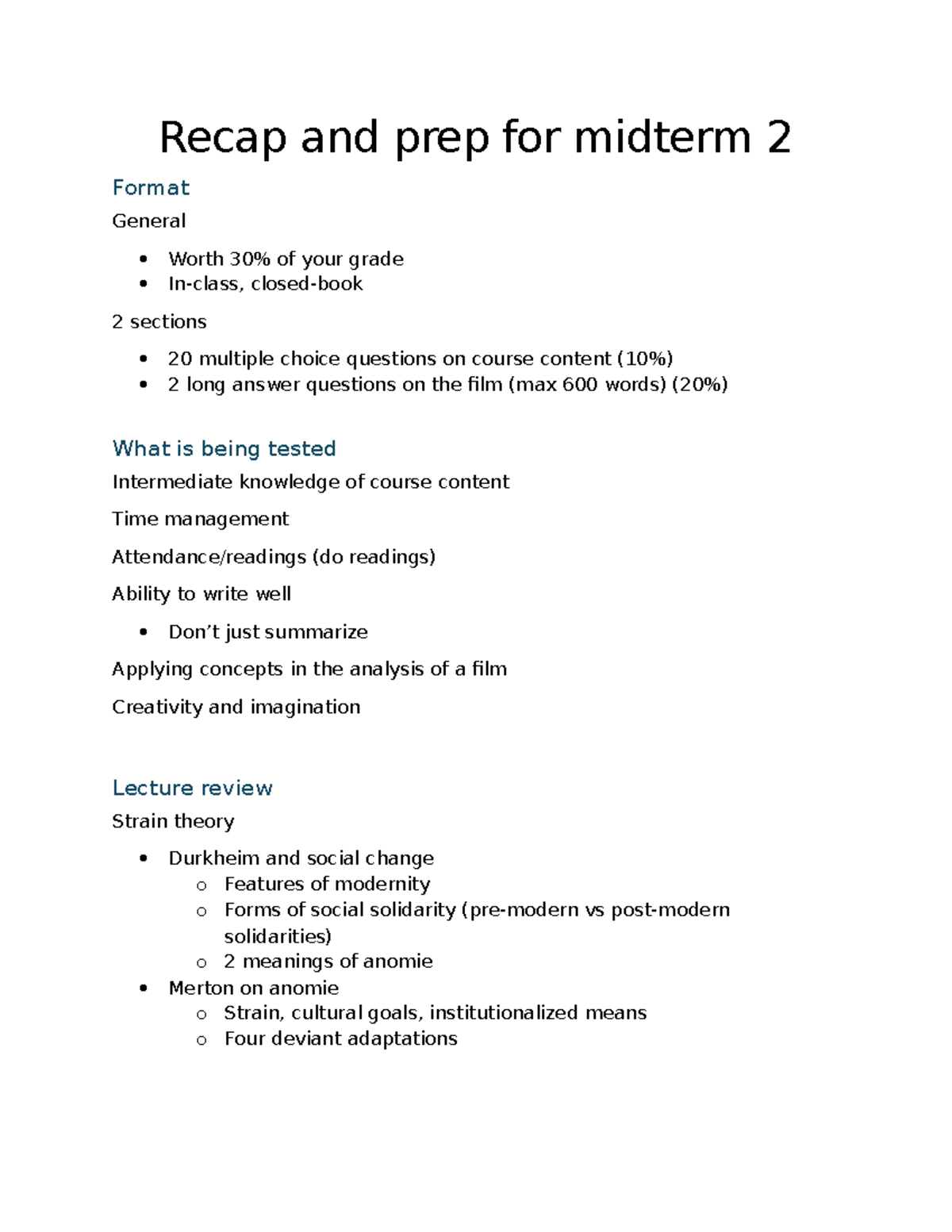 Midterm 2 Review: Key Concepts & Theories in Sociology - Studocu