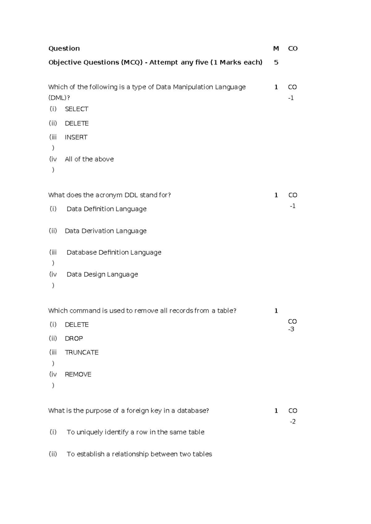 SQL MCQ & Short Answer Questions - DBMS Course Code: CO - Studocu