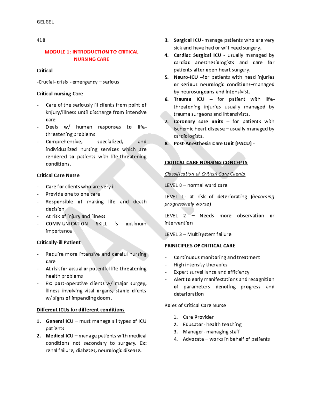 418 Prelim - Critical Care Nursing Topics and Ethical Considerations ...