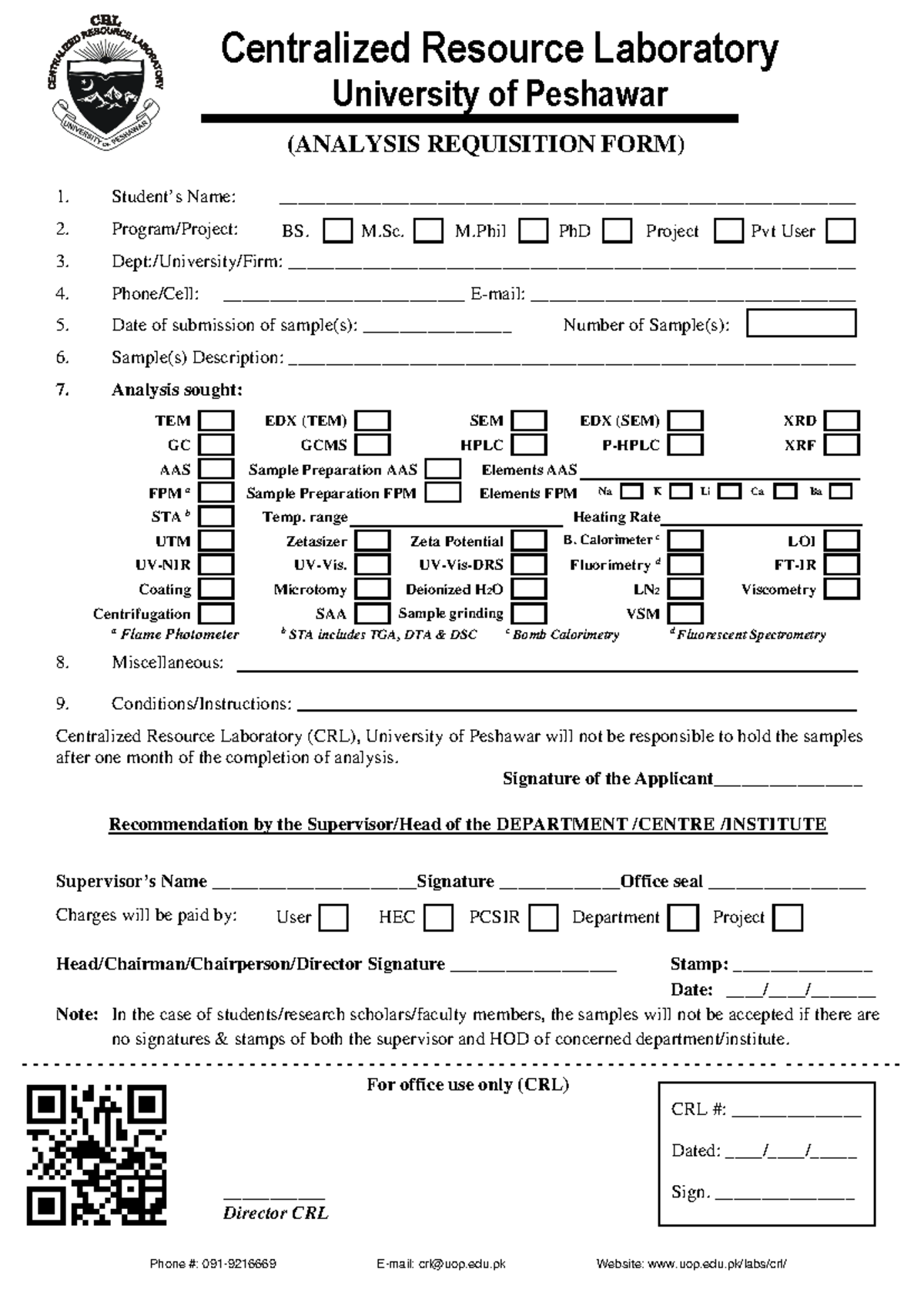Analysis Requisition Form for CRL - University of Peshawar - Studocu