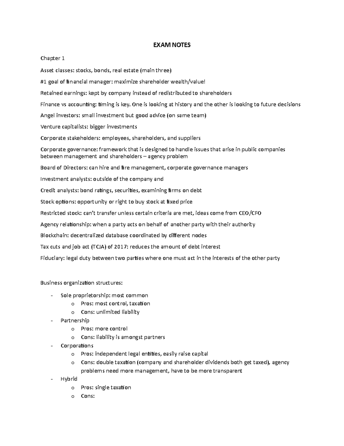 Exam 1 Study Notes for FIN 350: Key Concepts and Financial Statements ...