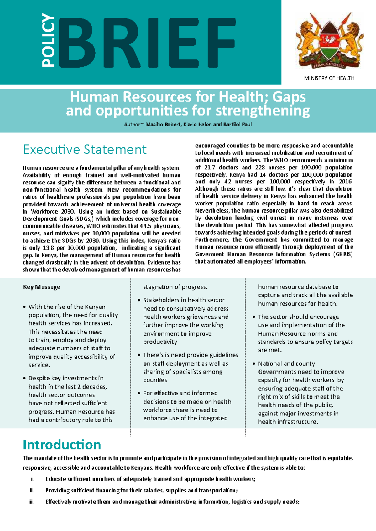 POLICY BRIEF: Strengthening Human Resources for Health in Kenya - May ...