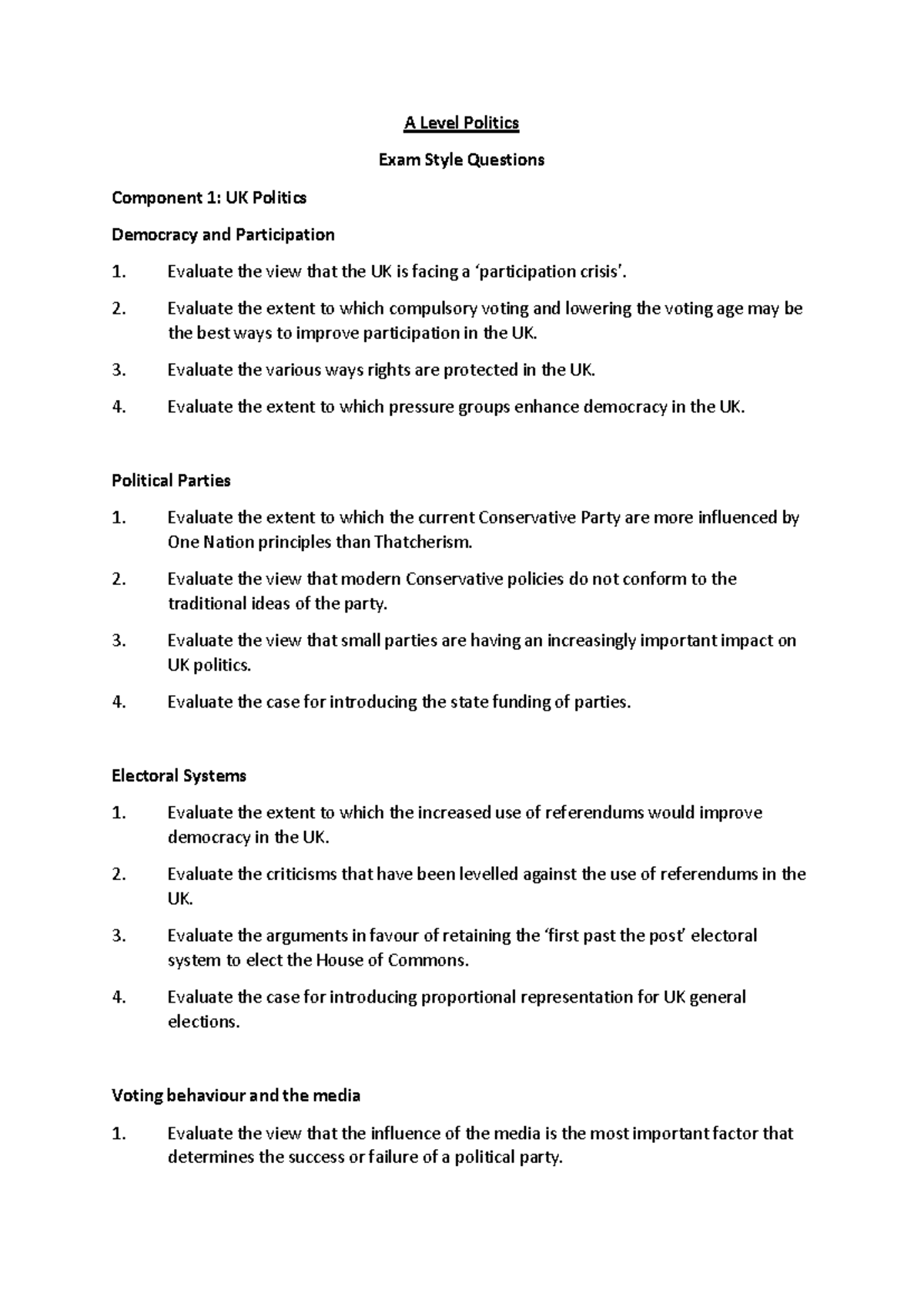 Gov and Pol Questions - A Level Politics Exam Style Questions Component ...