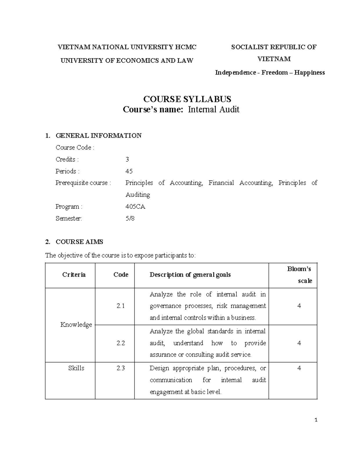 Internal Audit Course Syllabus - 405CA (Updated) - Studocu