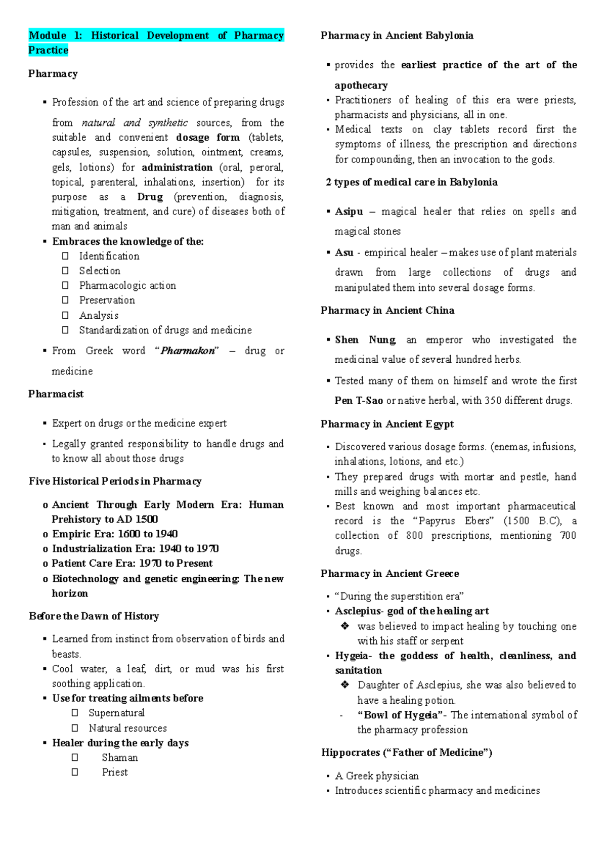 PIP Reviewer Module 1-6 - Module 1: Historical Development of Pharmacy ...