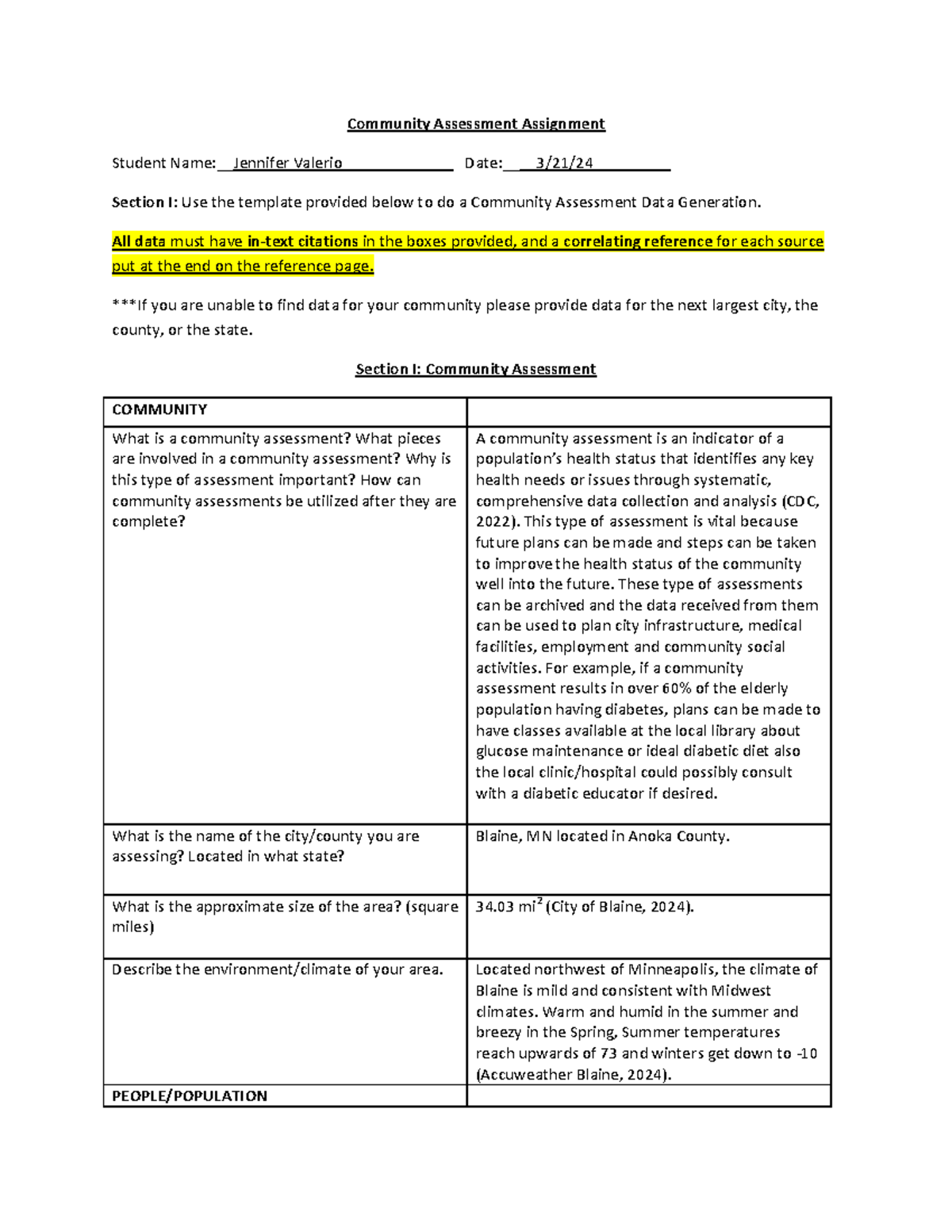 Week 3 Community Assessment: Blaine, MN by Jennifer Valerio - Studocu