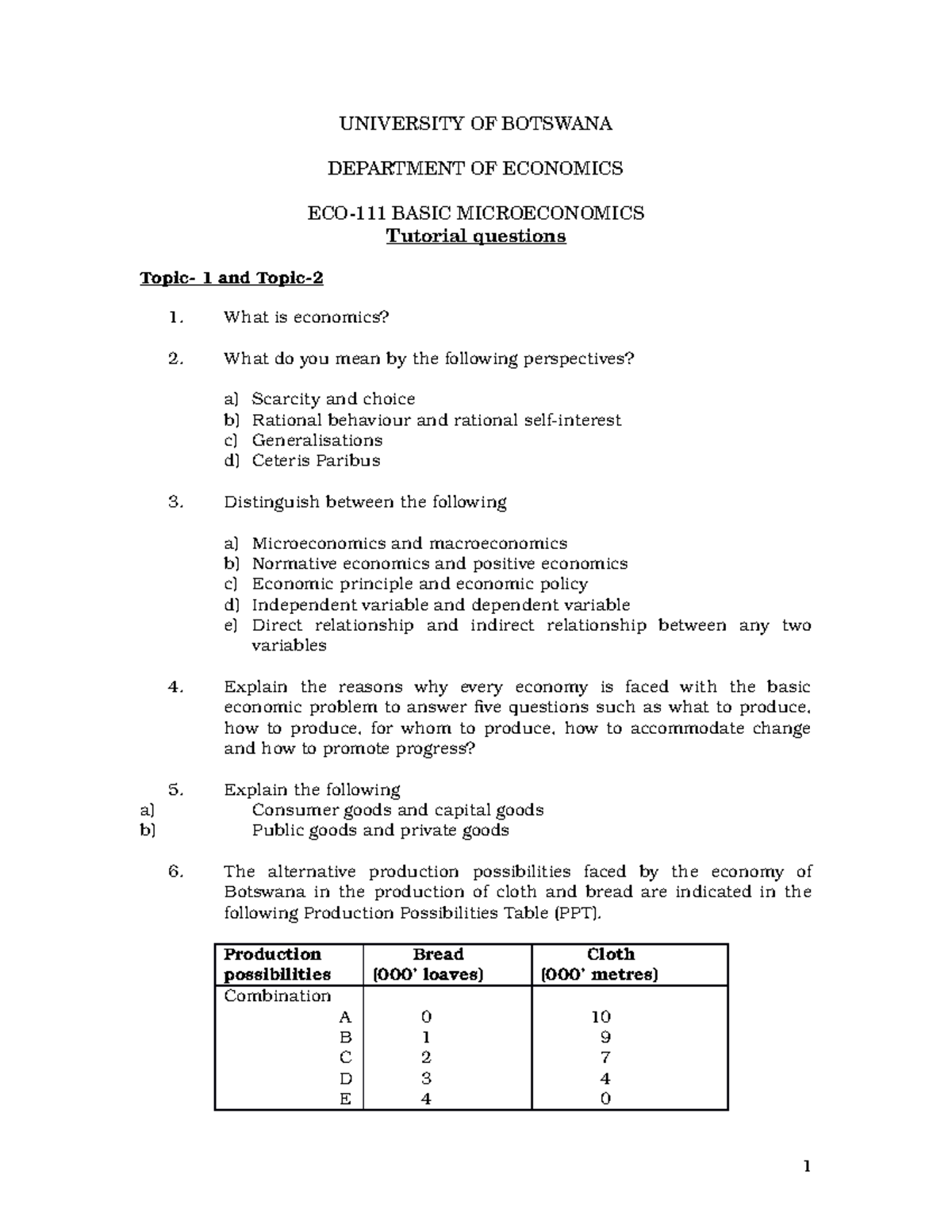 ECO 111 - Tutorial Questions on Basic Microeconomics Concepts - Studocu