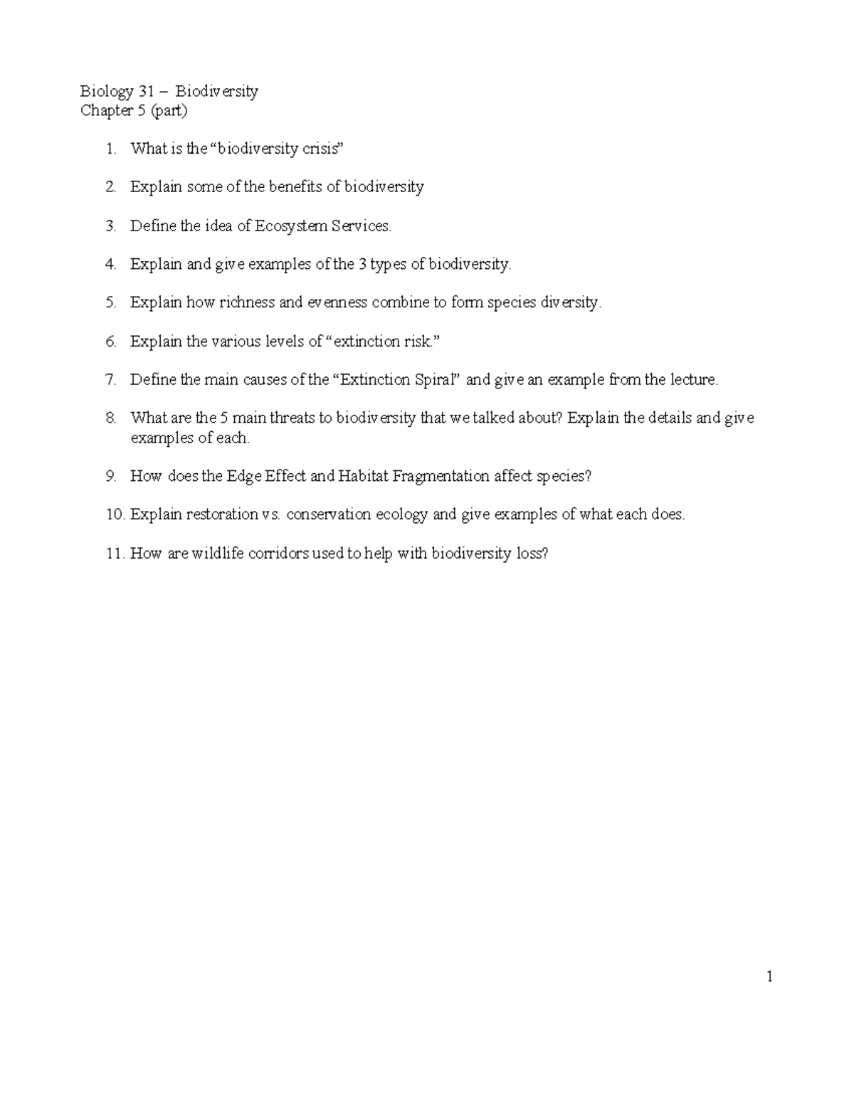 Biology 31 - Chapter 5: Biodiversity Crisis and Conservation Strategies ...