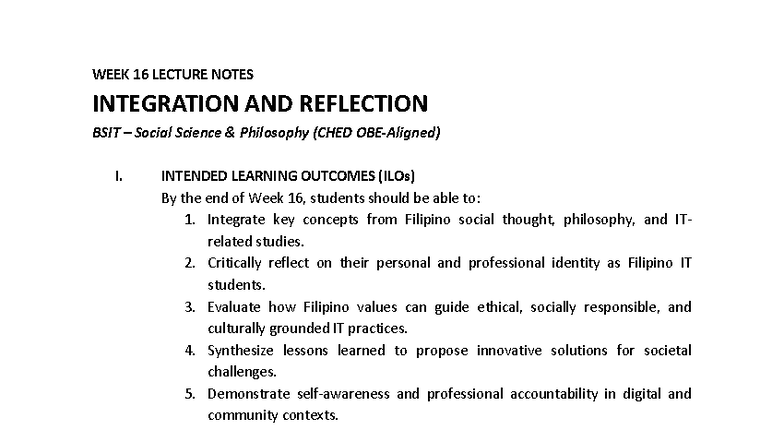 WEEK 16 LECTURE NOTES: INTEGRATION & REFLECTION BSIT Social Science ...